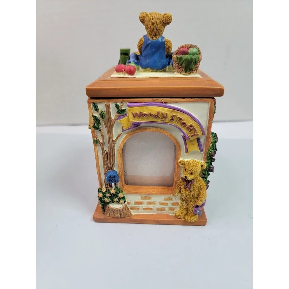 Vintage MK Enterprise Teddy Bear Glass Photo Frame Box Country House Japan